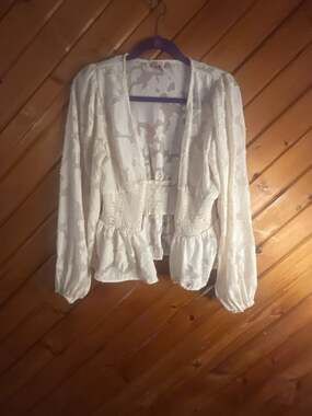 Willow Root Ivory Floral Jacquard Smocked Waist Peplum Long Sleeve Blouse